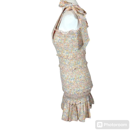 Mable Yellow Green Smocked Floral Tie Strap Mini Dress Size S NWOT - Picture 2 of 10